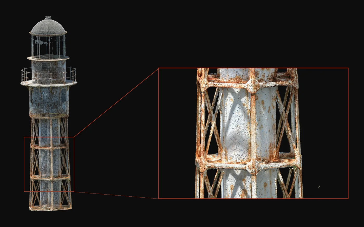 CARIGE digital twin of the El Faro lighthouse (Panamá) — full 3D model and zoom on the lantern.