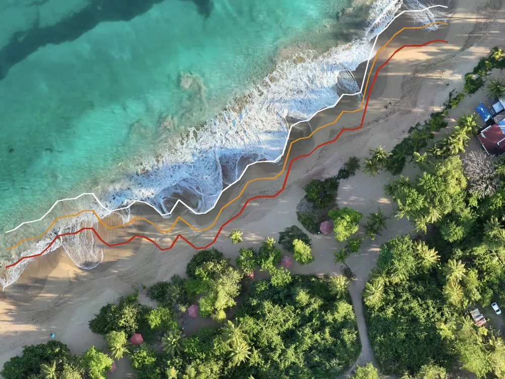 Extraction automatisée CARIGE du trait de côte sur orthophotographie drone, avec projections d'évolution. Martinique.