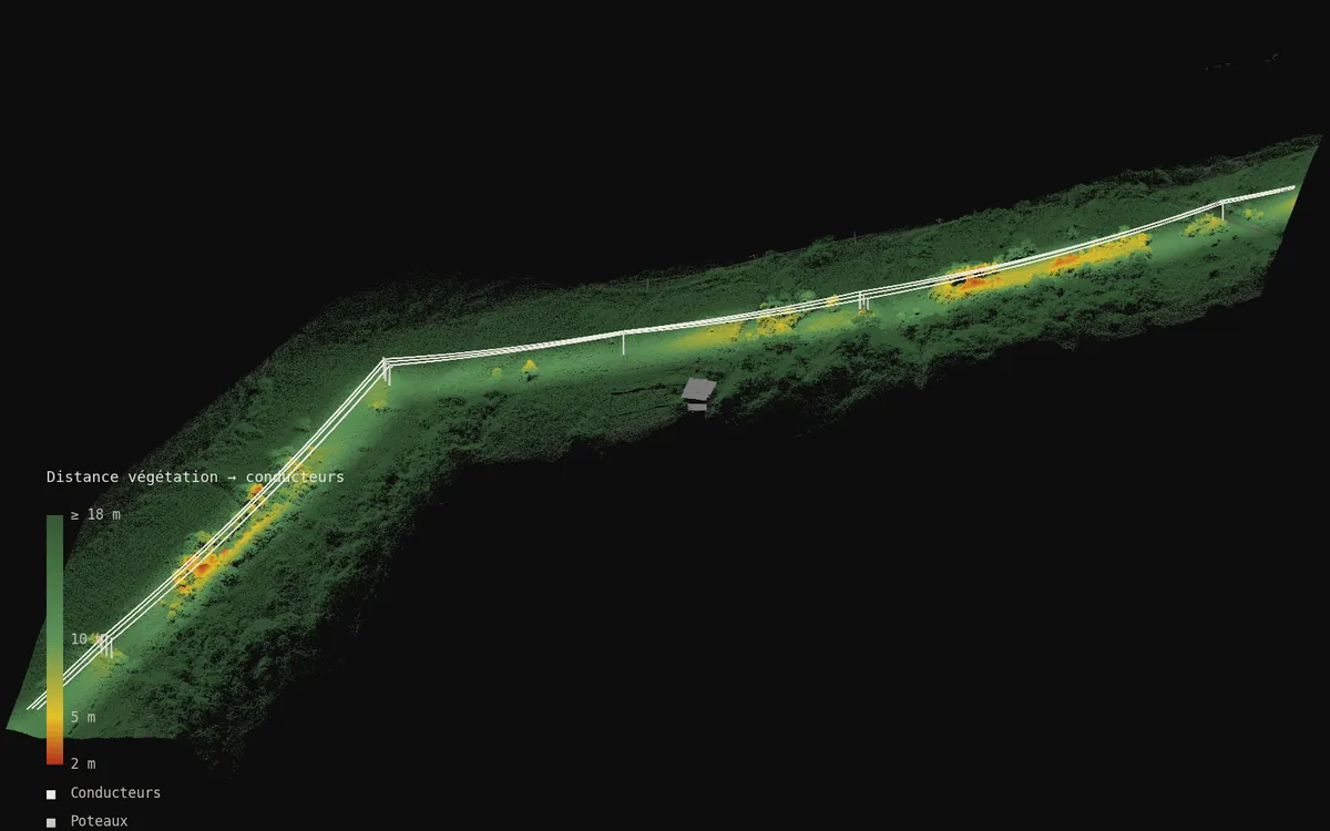 Nuage de points LiDAR CARIGE d'un corridor de ligne électrique — végétation colorée par distance aux conducteurs.